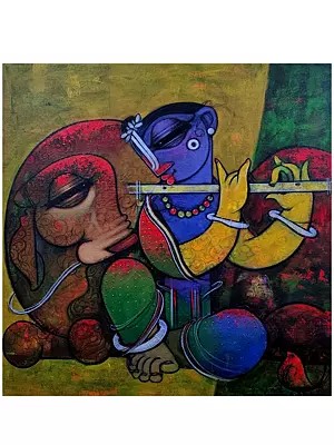 Lord Krishna With Cow | Acrylic On Canvas | By Ramesh Gujar