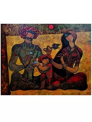 Little Krishna With Nanda And Yashoda | Acrylic On Canvas | By Ramesh Gujar