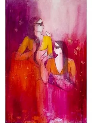 Beautiful Women With Birds Painting | Mix Media On Canvas | By Smita Asarkar