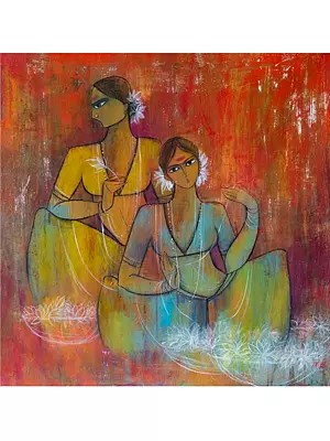 Mother And Daughter Sitting Together Painting | Mix Media On Canvas | By Smita Asarkar