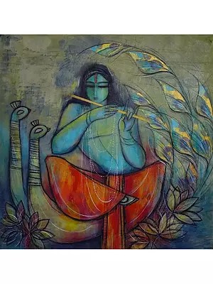 Lord Krishna With His Melody Painting | Mix Media On Canvas | By Smita Asarkar