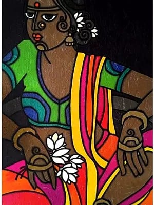 Indian Woman With Flowers In Hand Painting | Mix Media On Board | By Smita Asarkar