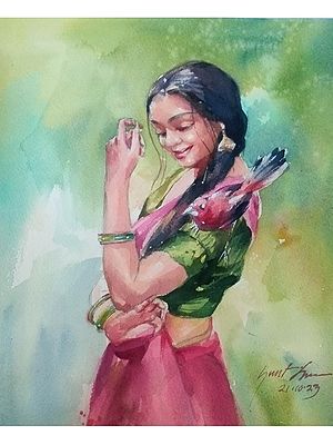 Woman Posing With Bird | Watercolour On Paper | By Sarat Shaw