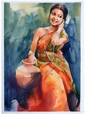 Village Woman With Pot | Watercolour On Paper | By Sarat Shaw