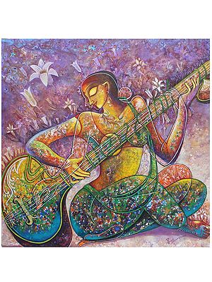 Musical Mood - Woman With Veena Painting | Acrylic On Canvas | By Pradeepta Kishore Das