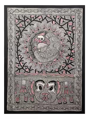 Peacock With Elephant - Madhubani Art | Handmade Paper | By Ashutosh Jha