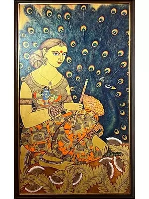 Beautiful Radha With Flute And Peacock | Acrylic On Canvas | By Nikunja Bihari Das