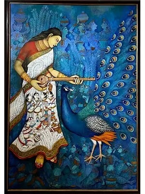 Attractive Meera Bai Holding Veena | Acrylic On Canvas | By Nikunja Bihari Das | With Frame