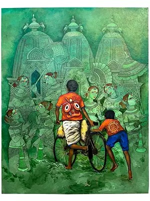Father And Kid In Lord Jagannath Yatra | Acrylic On Canvas | By Nikunja Bihari Das | With Frame