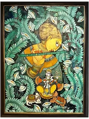 Playing Flute Radha And Krishna With Kamdhenu Cow And Nandi | Acrylic On Canvas | By Nikunja Bihari Das | With Frame