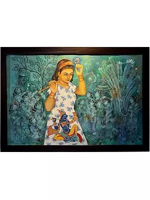 Cute Radha With Flute | Acrylic On Canvas | By Nikunja Bihari Das | With Frame