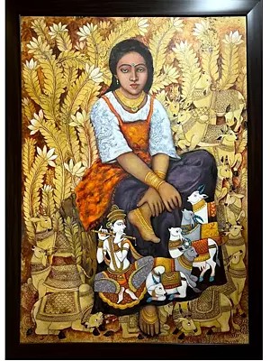 Divine Krishna In Radha's Thoughts | Acrylic On Canvas | By Nikunja Bihari Das | With Frame