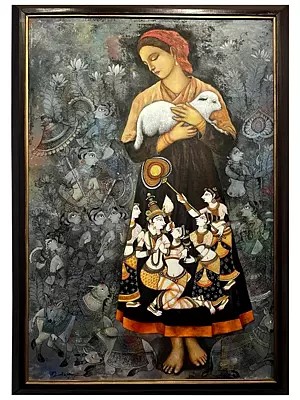 Lady Holding A Lamb | Acrylic On Canvas | By Nikunja Bihari Das | With Frame