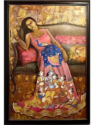 Krishna Story On Lady Dress | Acrylic On Canvas | By Nikunja Bihari Das | With Frame