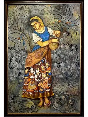 Standing Lady With Gopis - Krishna Theme | Acrylic On Canvas | By Nikunja Bihari Das | With Frame