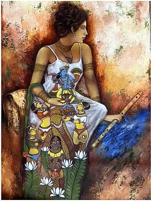 Seated Radha - The Kaliya Serpent Story On Cloth | Acrylic On Canvas | By Nikunja Bihari Das | With Frame
