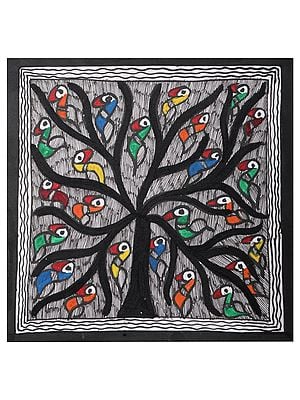 Tree Full of Colorful Birds | Madhubani Painting on Handmade Paper