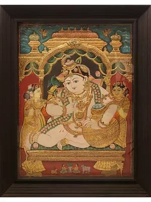 Butter Krishna | Embossed Tanjore Painting | Traditional Colors with 24 Karat Gold | With Frame