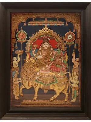 Pradosha Moorthy (Shiva - Parvati) | Embossed Tanjore Painting | Traditional Colors with 24 Karat Gold | With Frame