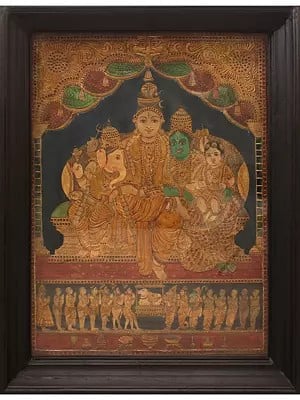 Lord Shiva Family | Traditional Colors with 24 Karat Gold | With Frame