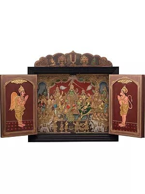 Temple Design Shri Ram Darbar Tanjore Painting with Doors | Traditional Colors with 24 Karat Gold | With Frame