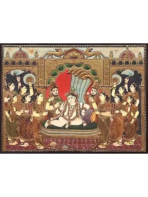 Darbar Krishna Seated Under The Sheshnag | Traditional Colors with 24 Karat Gold | Without Frame