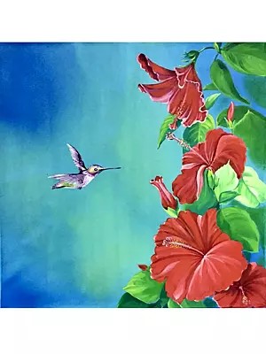 Humming Bird And Hibiscus | Acrylic On Canvas | By Anjali Aggarwal