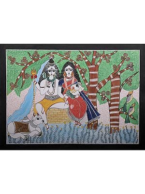 Lord Shiva And Parvati With Bal Ganesha | Handmade Paper | By Ajay Kumar Jha