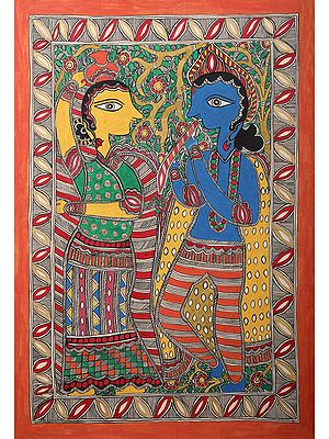 Colorful Madhubani Krishna And Radha | Handmade Paper | By Ajay Kumar Jha