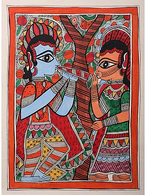 Krishna Playing Flute With Radha | Handmade Paper | By Ajay Kumar Jha