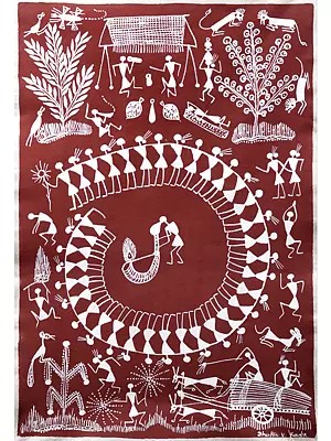 Warli Painting: Tarpa Dance Ritual on Cotton Fabric