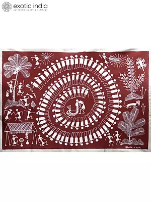 Authentic Warli Painting: Tarpa Dance Scene on Cotton