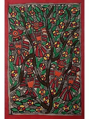 Birds On Tree Madhubani Painting | Handmade Paper | By Ajay Kumar Jha