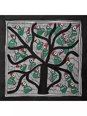 Tree of Life with Multiple Parrots | Handmade Paper | By Ajay Kumar Jha