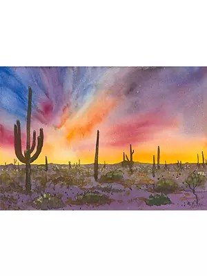 Brilliant Saguaros - The Sunset View | Watercolor On Paper | By Asmita Atre
