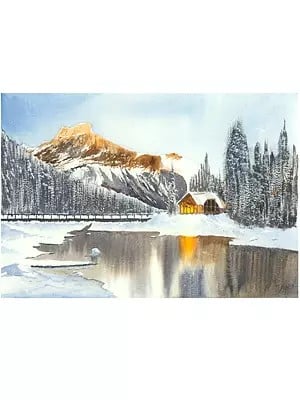 Winter Home And Frozen Lake | Watercolor On Paper | By Asmita Atre