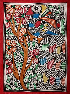 Bird on A Tree Painting on Handmade Paper | Artwork by Ajay Kumar Jha