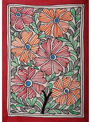 Painting of Colorful Flowers | Madhubani Art on Handmade Paper | By Ajay Kumar Jha