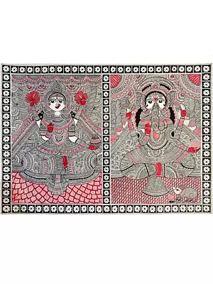 Seated Goddess Lakshmi And Lord Ganesh | Acrylic On Handmade Paper | By Priti Dalwadi