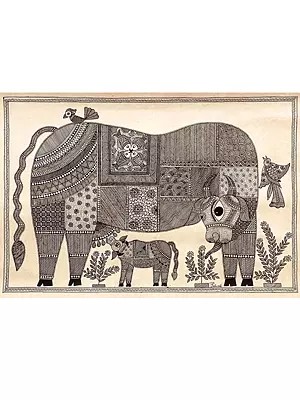 Divine Kamdhenu With Calf | Acrylic On Handmade Paper | By Priti Dalwadi