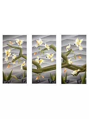 Twelve Flying Birds - Set Of 3 | Acrylic On Canvas | By Nirakar Chowdhury