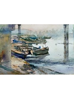 Fishing Boat On The Lake | Watercolor On Paper | By Rajesh Ajgaonkar