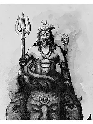 Shiva Meditating On Head Of Demon Gajasura | Watercolor On Paper | By Prasad P Mahale