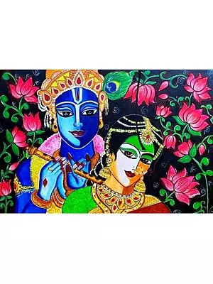 Beautiful Radha And Krishna With Flute | Acrylic On Canvas | By Supriya Jammalamadaka
