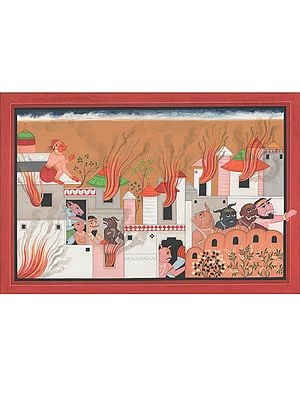 Lanka Dahan By Hanuman Ji | Natural Pigments On Paper | By Mohammad Waseem