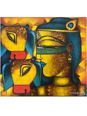 Krishna And Cows | Acrylic On Canvas | By Manohar Shetty