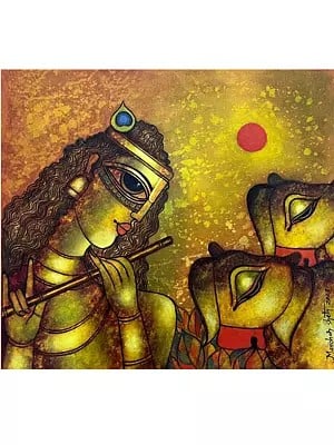 Krishna Cow Love | Acrylic On Canvas | By Manohar Shetty