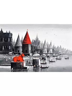 Nandi On Banaras Ghat | Acrylic On Canvas | By Reba Mandal