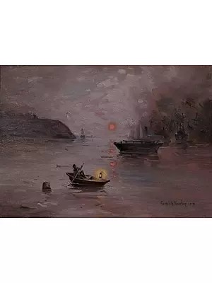 Beautiful Sunrise View With Floating Boats | Oil On Paper | By Farukh S Nadaf