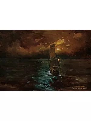 Floating Ship In The Moonlight | Oil On Paper | By Farukh S Nadaf